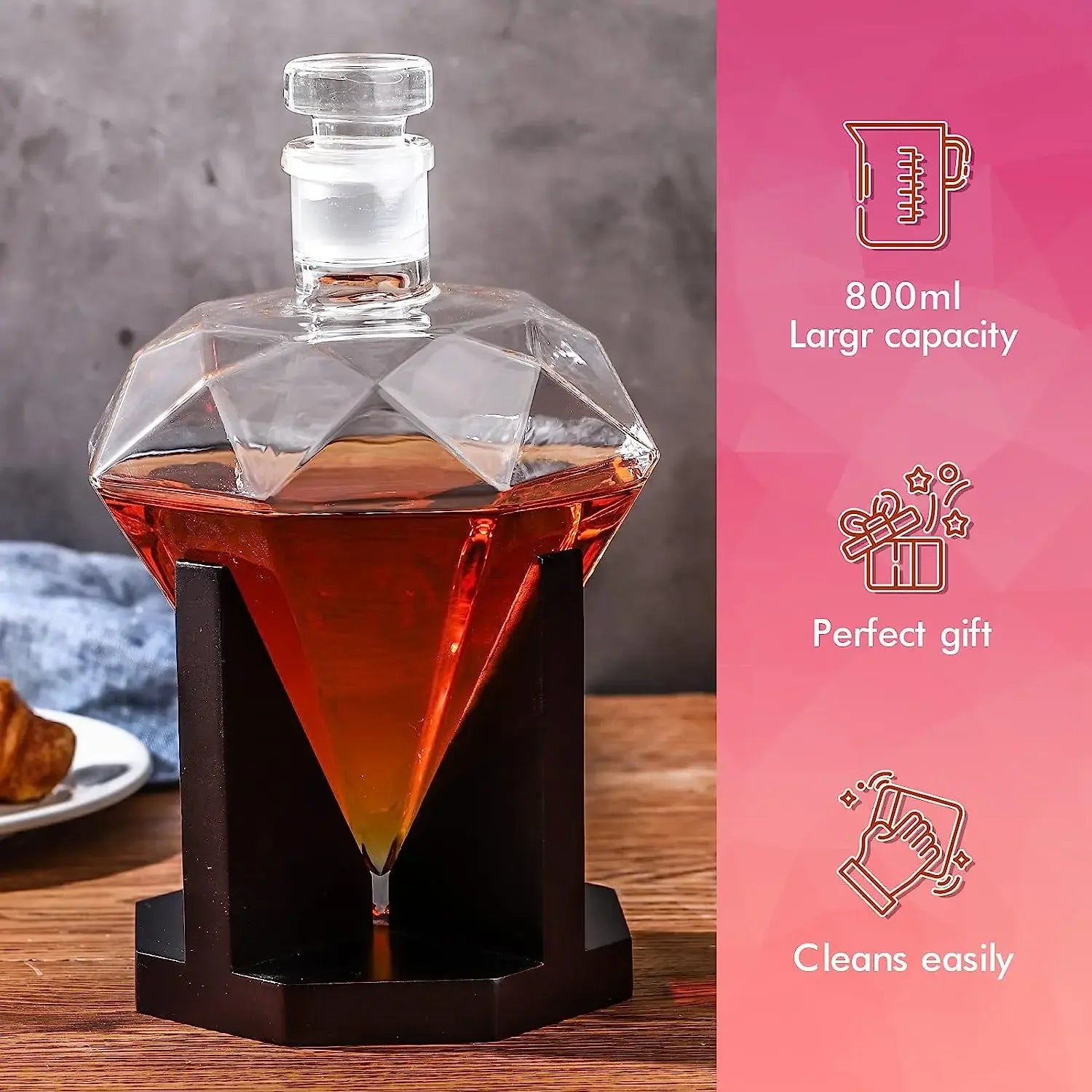 Decanter Diamante de Cristal 1000ml com Suporte de Madeira