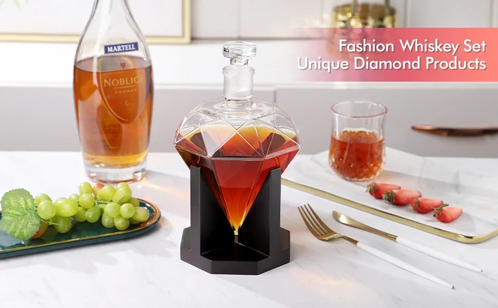 Decanter Diamante de Cristal 1000ml com Suporte de Madeira